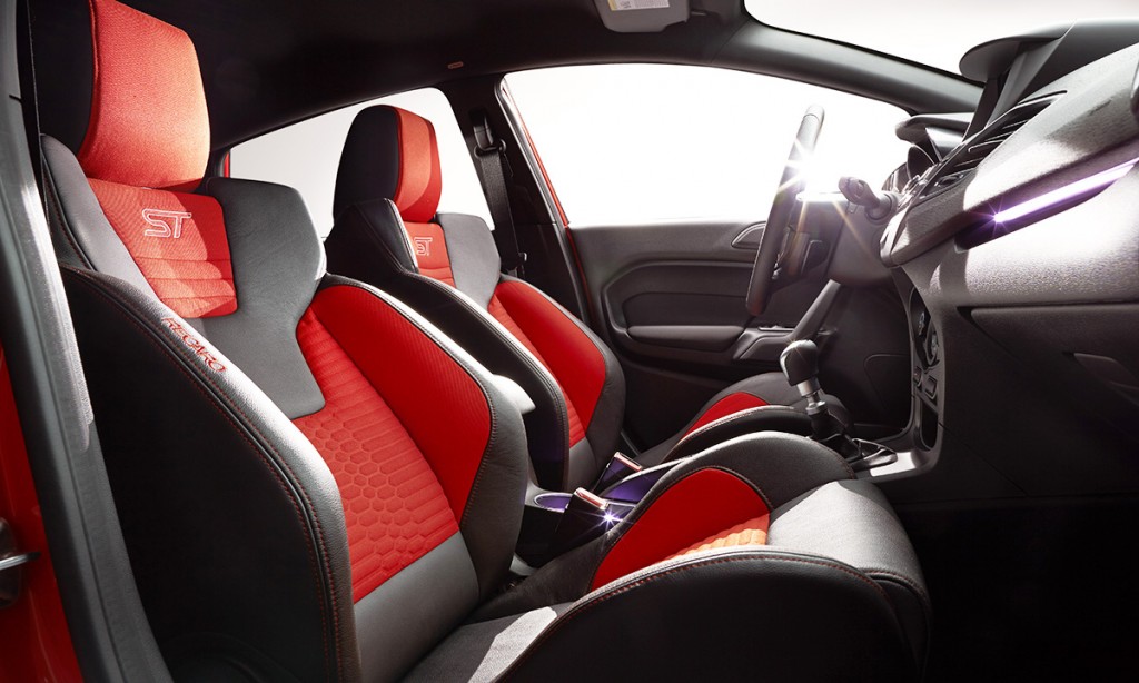 The Fiesta ST’s cabin can be fitted with Recaro seats, which help to keep the driver planted firmly in place during high-speed cornering.