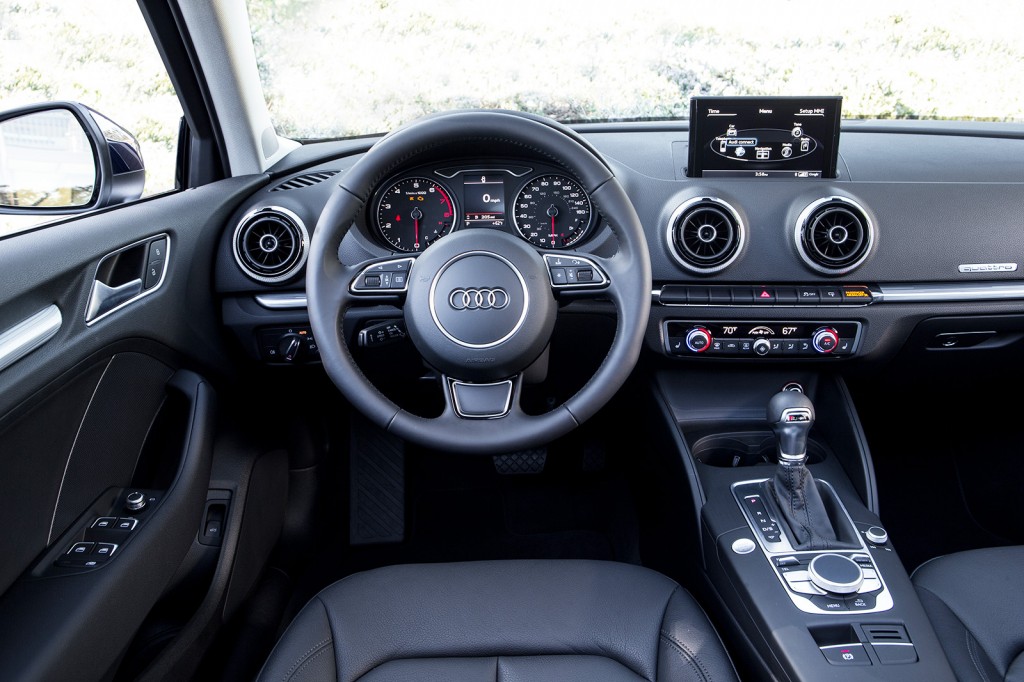 With lots of soft leather, neat stitching and a sense of high precision, the 2015 A3’s cabin has all the best traits of Audi luxury cars. The digital screen that motors up from the dash is a nice touch.