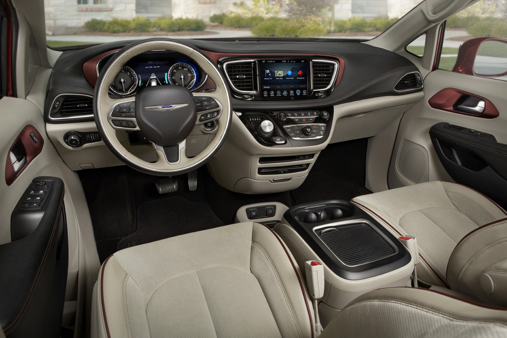 The Pacifica’s interior has the sophisticated look of an upscale car in the front. In the back, it’s very kid-friendly, especially on high-end trim levels with the optional entertainment system.