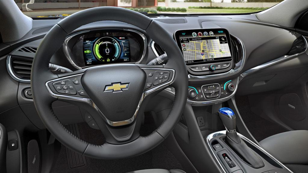 With dual digital displays on the dash, the Volt’s cabin reflects its high-tech drivetrain. 