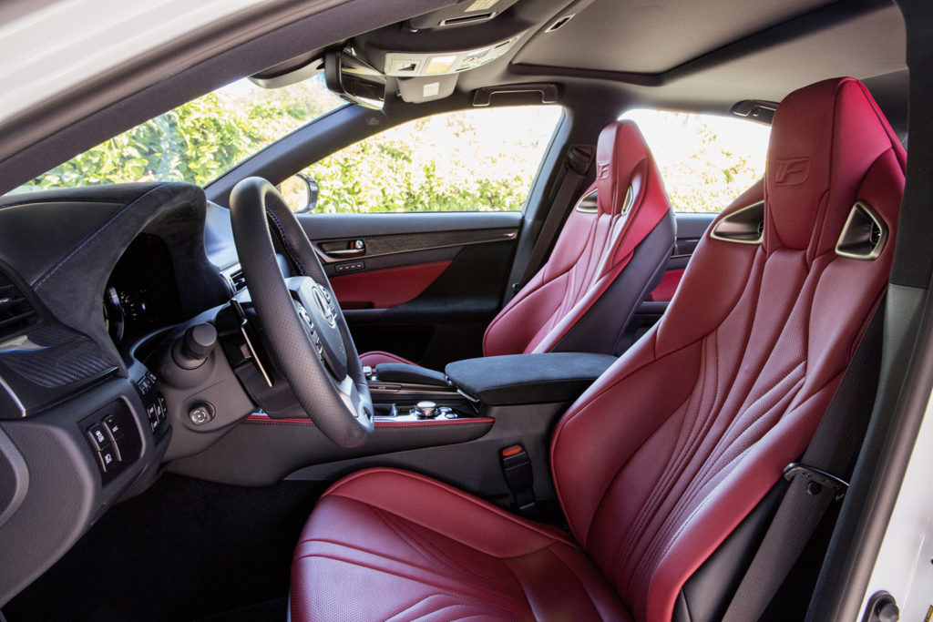 Sport seats offer extra bolstering in the GS F to help keep the driver pinned in place through high-force cornering. It’s a fast, powerful car with Lexus typical attention to detail in the cabin.